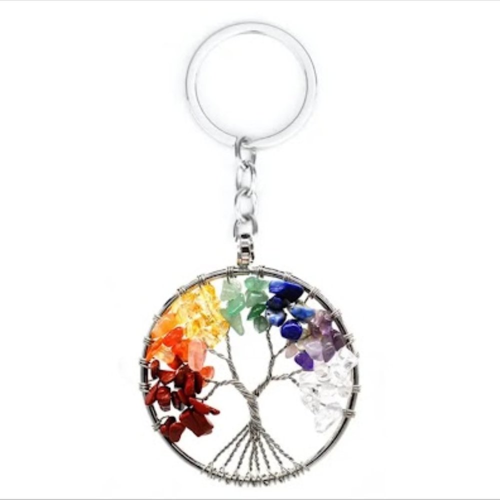 Beautiful Multi-Color Stones "Tree of Life" Keychain Measures Approx 4.33" long